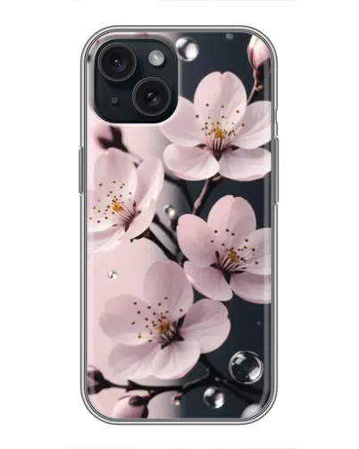 Чехол для iPhone 15 с картинкой «Нежная сакура и капли» Чехол для iPhone 15 с картинкой «Нежная сакура и капли»