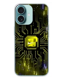Чехол для iPhone 16 Plus с картинкой «Nike — золотая искра»