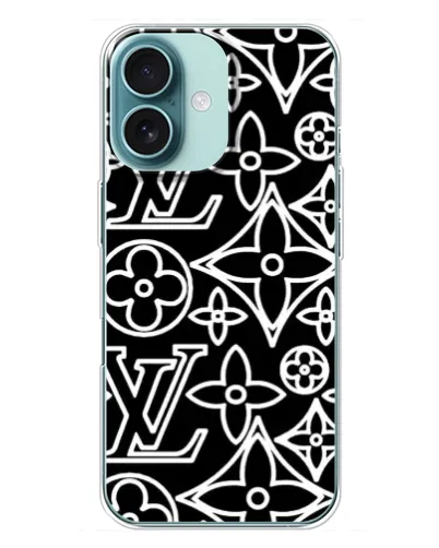 Чехол для iPhone 16 Plus с картинкой «Черно-белый узор LV»