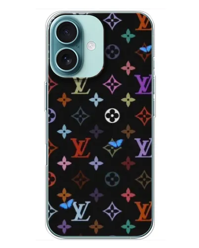 Чехол для iPhone 16 Plus с картинкой «Цветная монограмма LV»