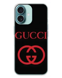 Чехол для iPhone 16 Plus с картинкой «Gucci — красный логотип»