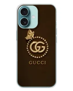Чехол для iPhone 16 Plus с картинкой «Gucci — золотая бабочка»
