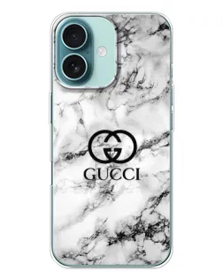 Чехол для iPhone 16 Plus с картинкой «Gucci — мраморный шик»