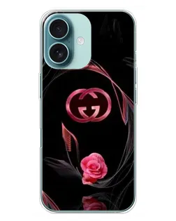 Чехол для iPhone 16 Plus с картинкой «Gucci — неоновая роза»