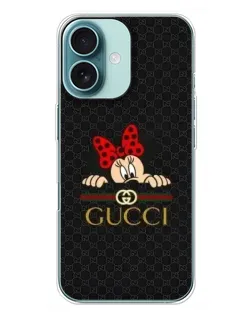 Чехол для iPhone 16 Plus с картинкой «Минни Маус Gucci — черный»