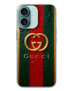 Чохол для iPhone 16 Plus з картинкою «Gucci — фірмова смуга та золото»