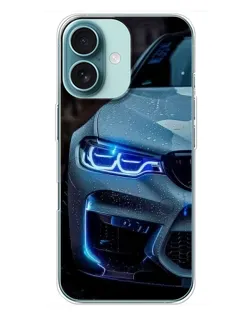 Чехол для iPhone 16 Plus с картинкой «Взгляд BMW с синими фарами»