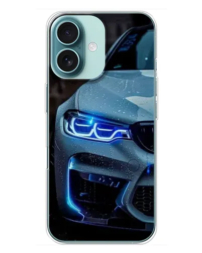 Чехол для iPhone 16 Plus с картинкой «Взгляд BMW с синими фарами» Чехол для iPhone 16 Plus с картинкой «Взгляд BMW с синими фарами»