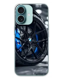 Чехол для iPhone 16 Plus с картинкой «Колесо BMW вблизи»
