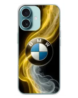 Чехол для iPhone 16 Plus с картинкой «Золотистый дым BMW»