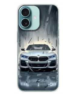 Чехол для iPhone 16 Plus с картинкой «BMW в свете фар»