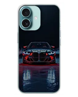 Чехол для iPhone 16 Plus с картинкой «BMW на мокрой дороге»