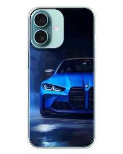Чехол для iPhone 16 Plus с картинкой «Голубая BMW M4»