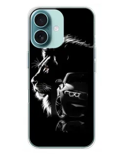 Чехол для iPhone 16 Plus с картинкой «BMW и лев»