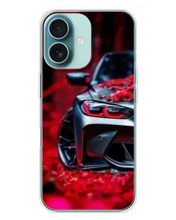 Чехол для iPhone 16 Plus с картинкой «Спортивная BMW и цветы»