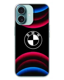 Чехол для iPhone 16 Plus с картинкой «Логотип BMW и неоновые дуги»