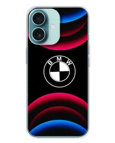 Чехол для iPhone 16 Plus с картинкой «Логотип BMW и неоновые дуги» Чехол для iPhone 16 Plus с картинкой «Логотип BMW и неоновые дуги»