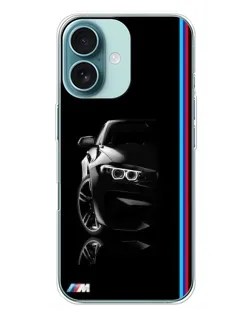 Чехол для iPhone 16 Plus с картинкой «Силуэт BMW в темноте»