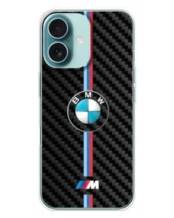 Чехол для iPhone 16 Plus с картинкой «Эмблема BMW и карбон»