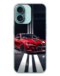 Чехол для iPhone 16 Plus с картинкой «Красная BMW на дороге»