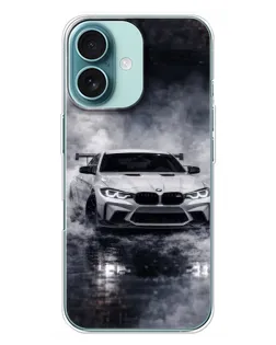 Чехол для iPhone 16 Plus с картинкой «BMW сквозь туман»