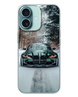 Чехол для iPhone 16 Plus с картинкой «BMW в зимнем лесу»