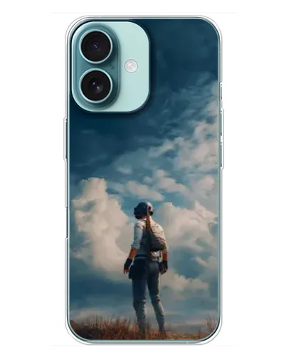 Чехол для iPhone 16 Plus с картинкой «Герой PUBG на скале»