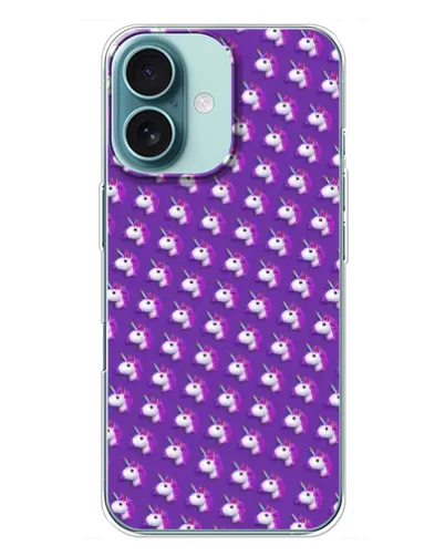 Чехол для iPhone 16 Plus с картинкой «Единороги на фиолетовом»