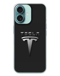 Чохол для iPhone 16 Plus з картинкою «Сталевий логотип Tesla»