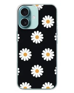 Чехол для iPhone 16 Plus с картинкой «Ромашки на черном»