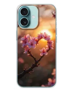 Чехол для iPhone 16 Plus с картинкой «Розовый цвет сердце на фоне заката»