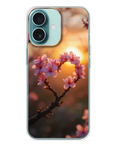 Чехол для iPhone 16 Plus с картинкой «Розовый цвет сердце на фоне заката»