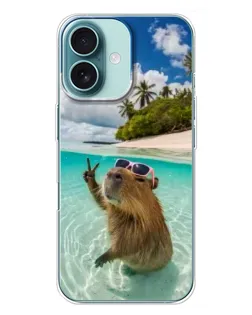 Чехол для iPhone 16 Plus с картинкой «Капибара на море»