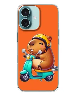 Чехол для iPhone 16 Plus с картинкой «Капибара на скутере»