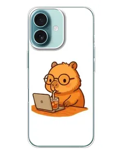 Чехол для iPhone 16 Plus с картинкой «Капибара с ноутбуком»
