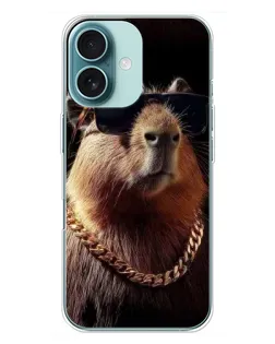 Чехол для iPhone 16 Plus с картинкой «Капибара золотая цепь»