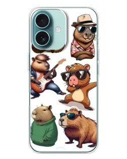 Чехол для iPhone 16 Plus с картинкой «Крутые капибары музыканты»