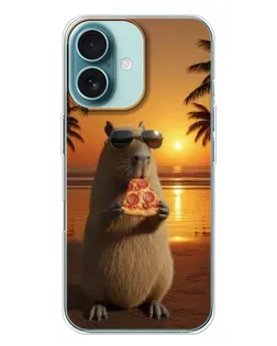 Чехол для iPhone 16 Plus с картинкой «Капибара с пиццей»