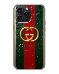 Чохол для iPhone 16 Pro Max з картинкою «Gucci — фірмова смуга та золото»