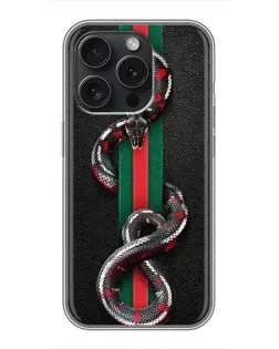 Чехол для iPhone 16 Pro с картинкой «Gucci — змея на полосе»