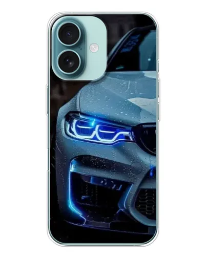Чехол для iPhone 16 с картинкой «Взгляд BMW с синими фарами»