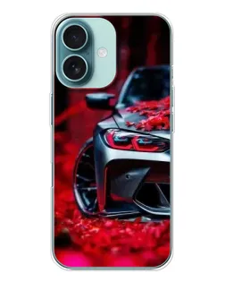 Чехол для iPhone 16 с картинкой «Спортивная BMW и цветы»