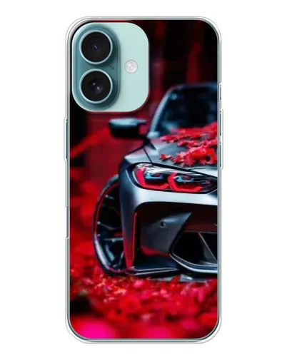 Чехол для iPhone 16 с картинкой «Спортивная BMW и цветы»