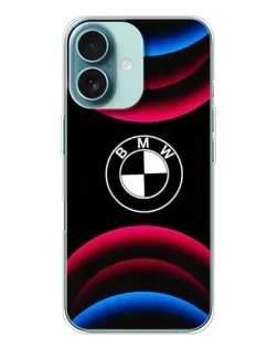 Чехол для iPhone 16 с картинкой «Логотип BMW и неоновые дуги»