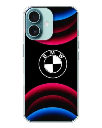 Чехол для iPhone 16 с картинкой «Логотип BMW и неоновые дуги»