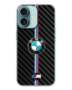 Чехол для iPhone 16 с картинкой «Эмблема BMW и карбон»