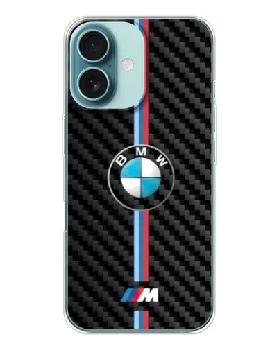 Чехол для iPhone 16 с картинкой «Эмблема BMW и карбон»