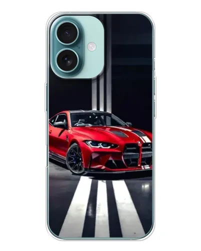Чехол для iPhone 16 с картинкой «Красная BMW на дороге»