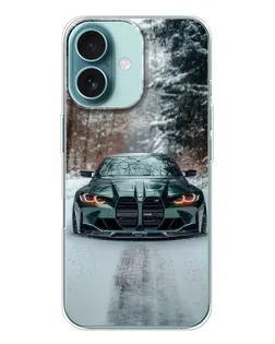 Чехол для iPhone 16 с картинкой «BMW в зимнем лесу»