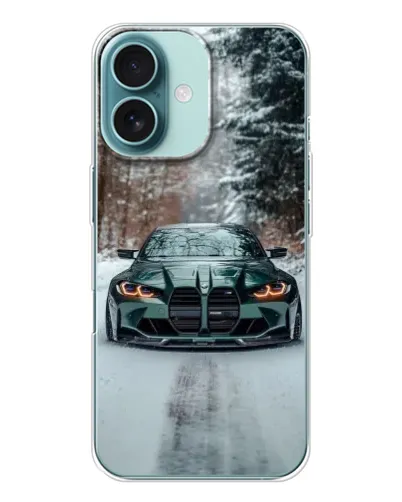 Чехол для iPhone 16 с картинкой «BMW в зимнем лесу»